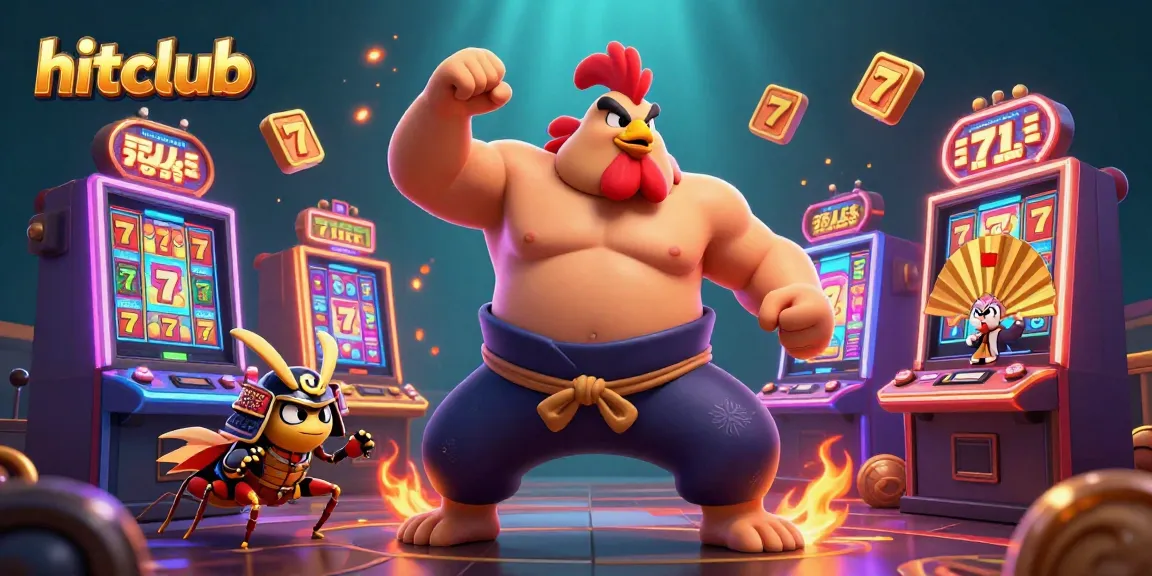 Experience thrilling gaming action at hitclub with a rooster sumo wrestler, cricket samurai, and slot machines.