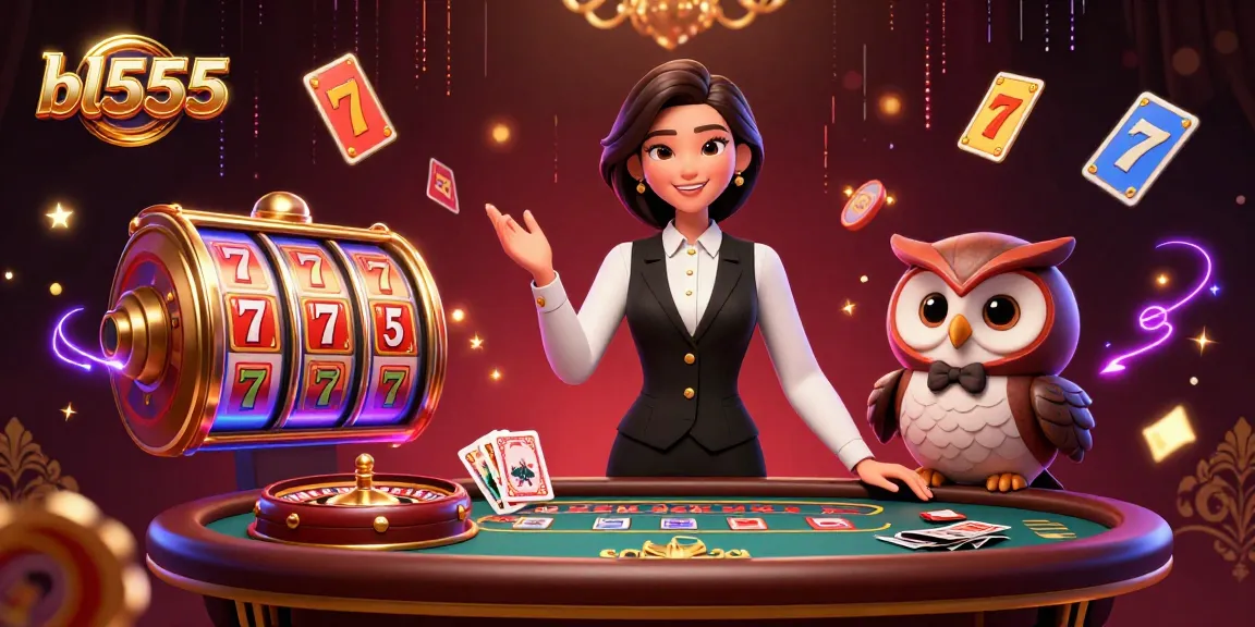 Experience exhilarating gaming at bl555 with our dealer and owl assistant at the baccarat table, flanked by electrifying slots.