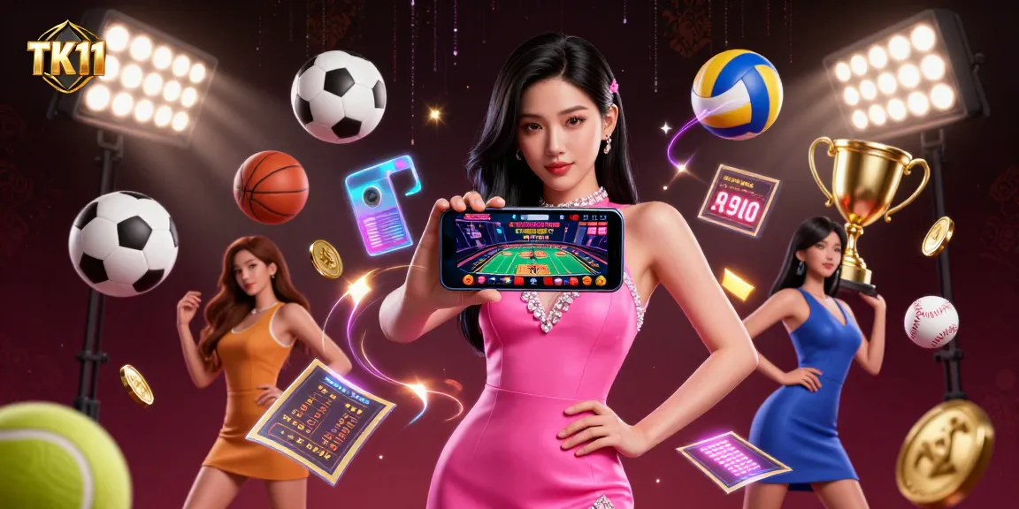 Play live dealer games and win at TK11, featuring an Asian woman with a smartphone among casino elements.