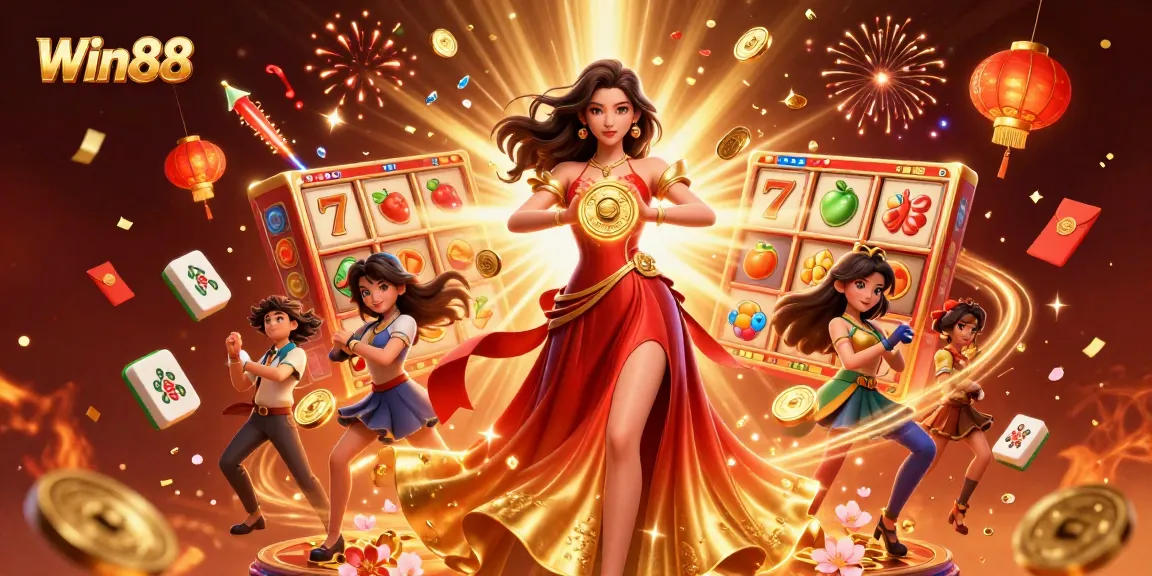 Experience excitement with Win88 as a stunning Asian woman holds a golden coin amidst vibrant casino elements.
