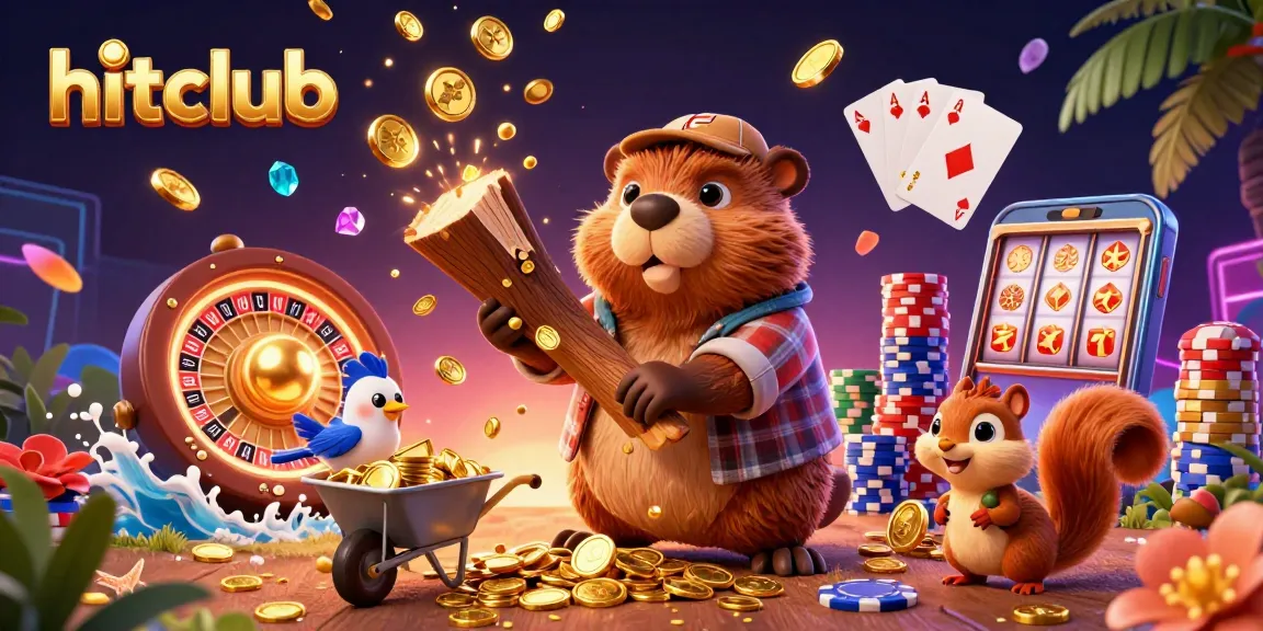 Experience the thrill of hitclub as a beaver character spins a roulette wheel amidst cascading coins.