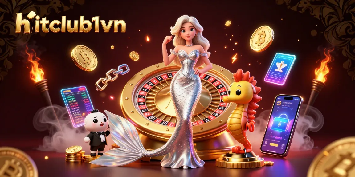 Hitclub1vn's exhilarating atmosphere showcases a stunning roulette scene with vibrant neon cryptocurrencies.
