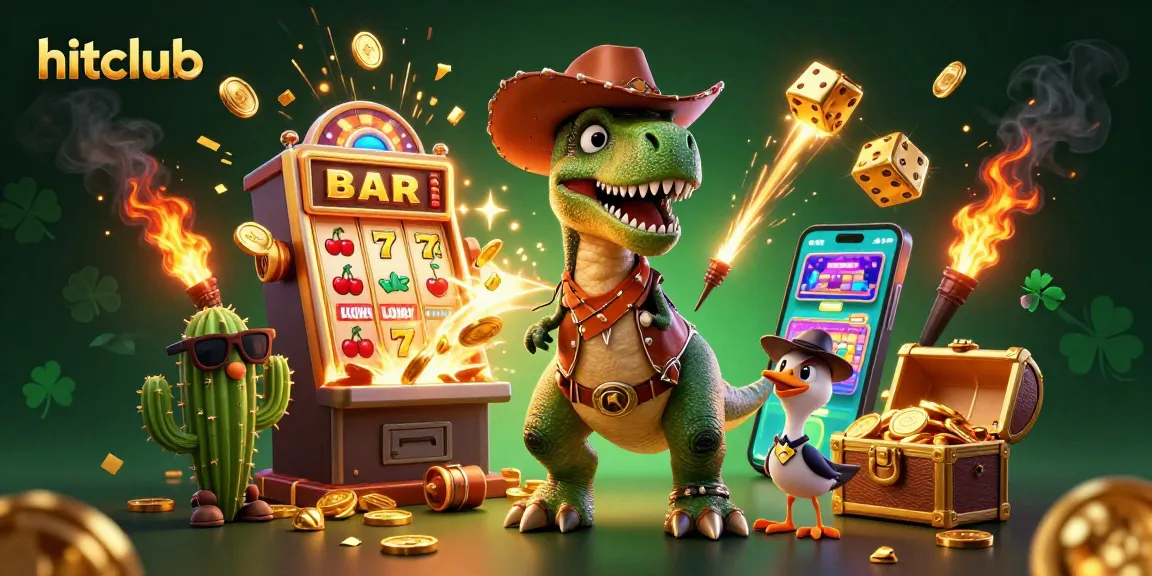 Experience thrilling jackpots and games at hitclub with a lively T-Rex cowboy and friends.