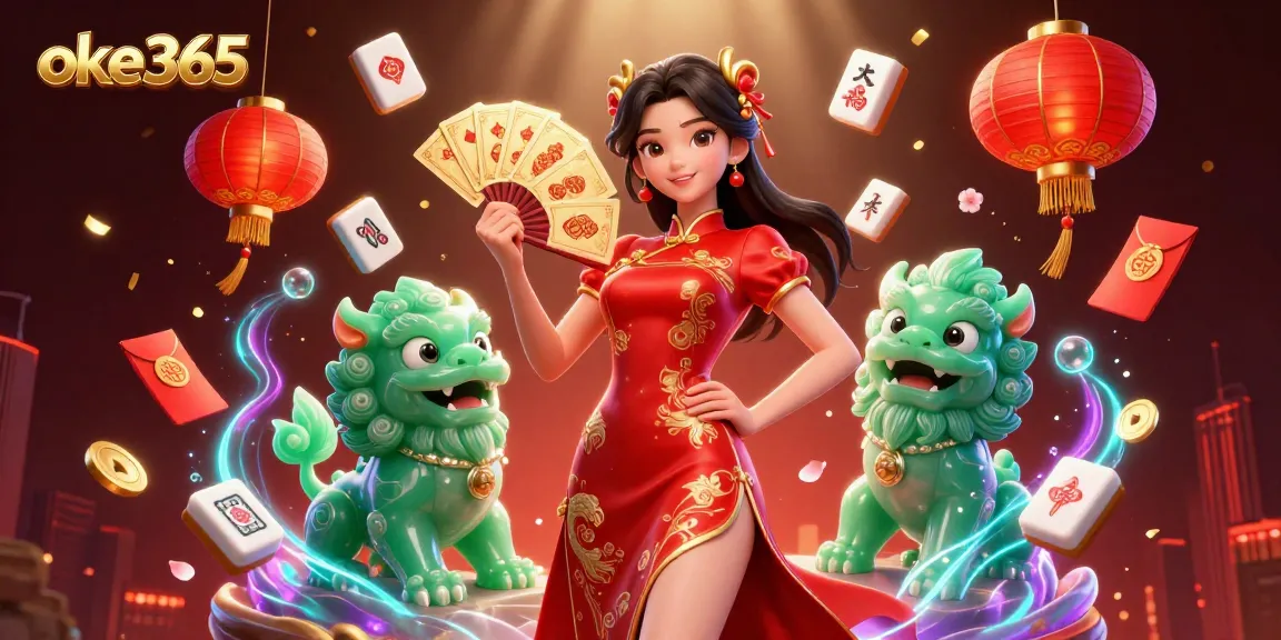 Experience thrilling gameplay at oke365 with an elegant woman and lucky symbols in vibrant casino art.