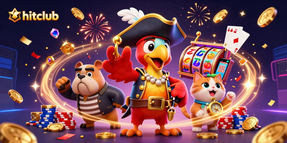 Hitclub features a vibrant casino illustration with characters winning jackpots amid colorful game elements.