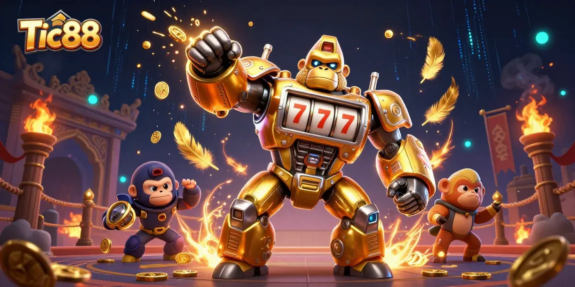 Engage in the thrilling world of Tic88 with a golden gorilla mech surrounded by casino elements.