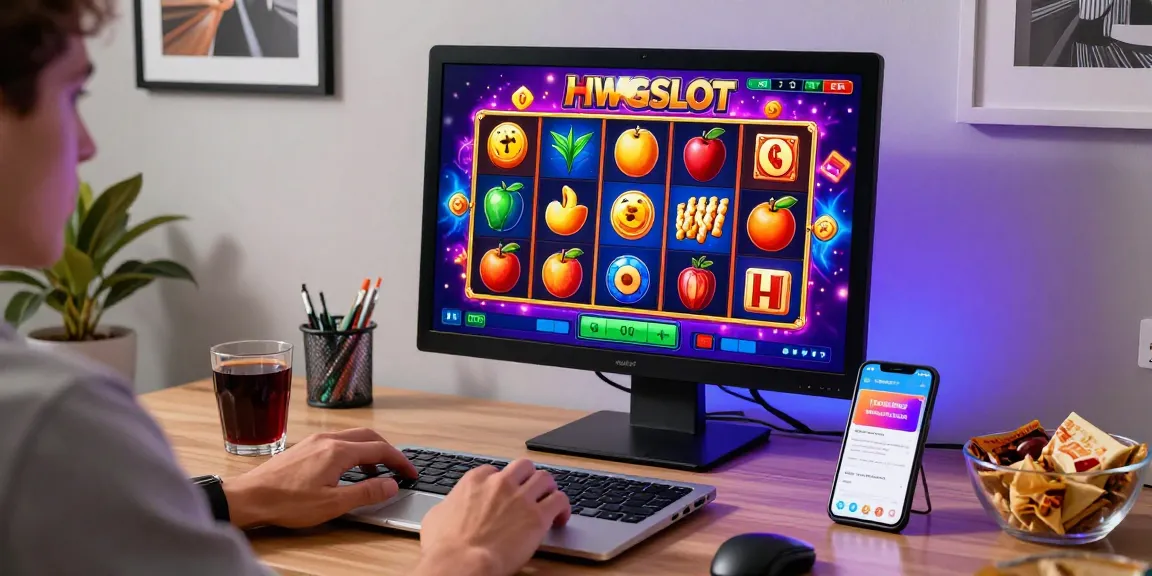 Engaging online gambling scene with HWGSLOT game interface and user interaction at home, showcasing vibrant slot play atmosphere.
