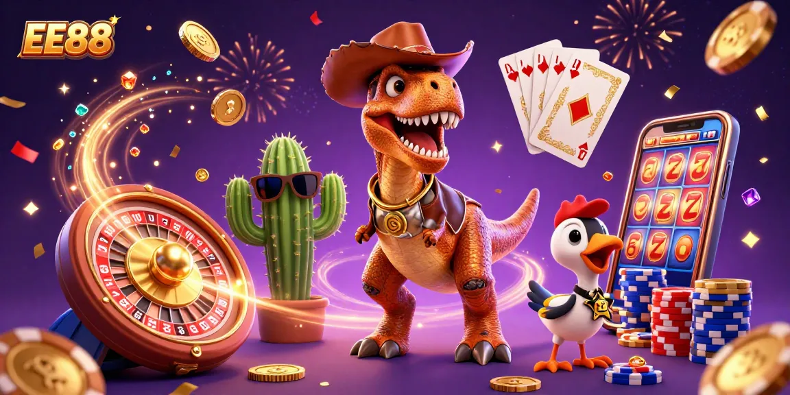 Join the thrilling action of EE88 with festive characters and exciting gambling elements in a vibrant casino scene.