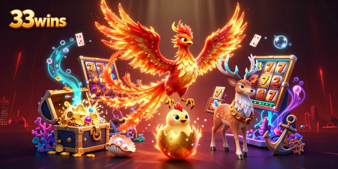 Win big with 33wins in this vibrant casino-themed illustration, featuring a phoenix and dynamic slot elements.
