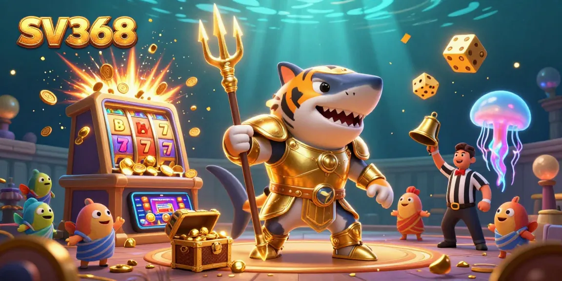 Spin the jackpot with SV368 in a vibrant underwater casino battle featuring a shark warrior and dynamic game elements.