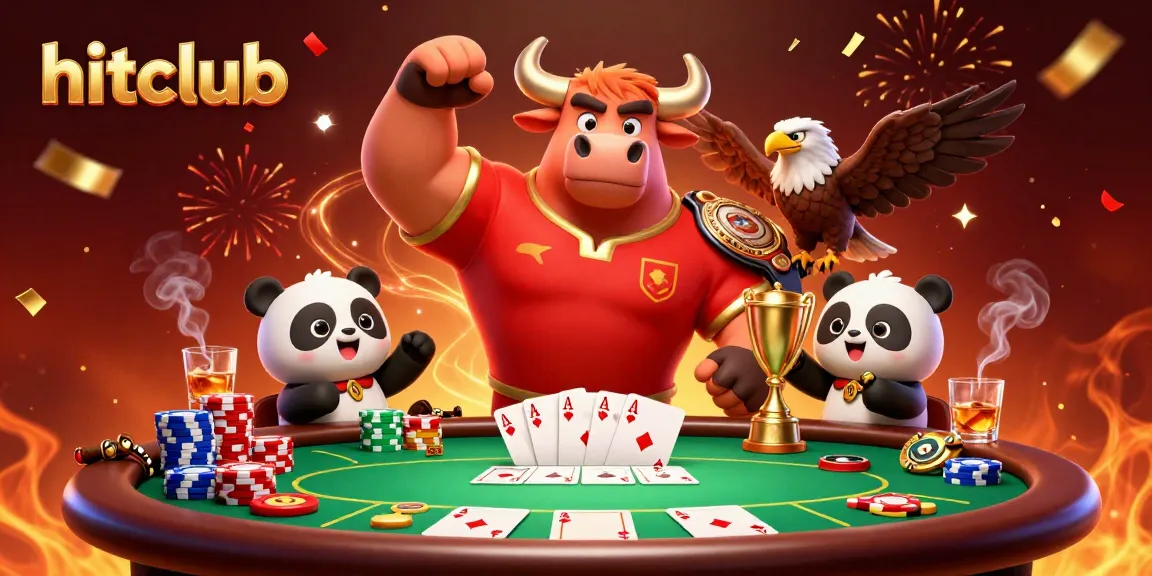 Experience the excitement of hitclub with a cartoon bull mascot celebrating a poker win in a vibrant casino scene.