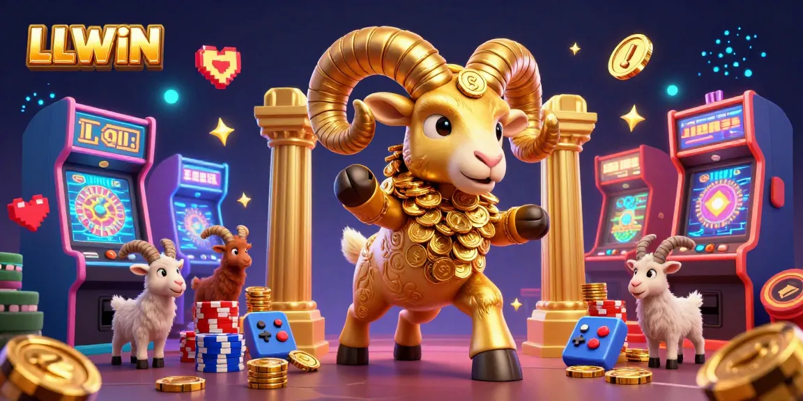 LLWIN's vibrant gaming scene featuring a golden ram with casino elements such as poker chips, slot machines, and arcade references.