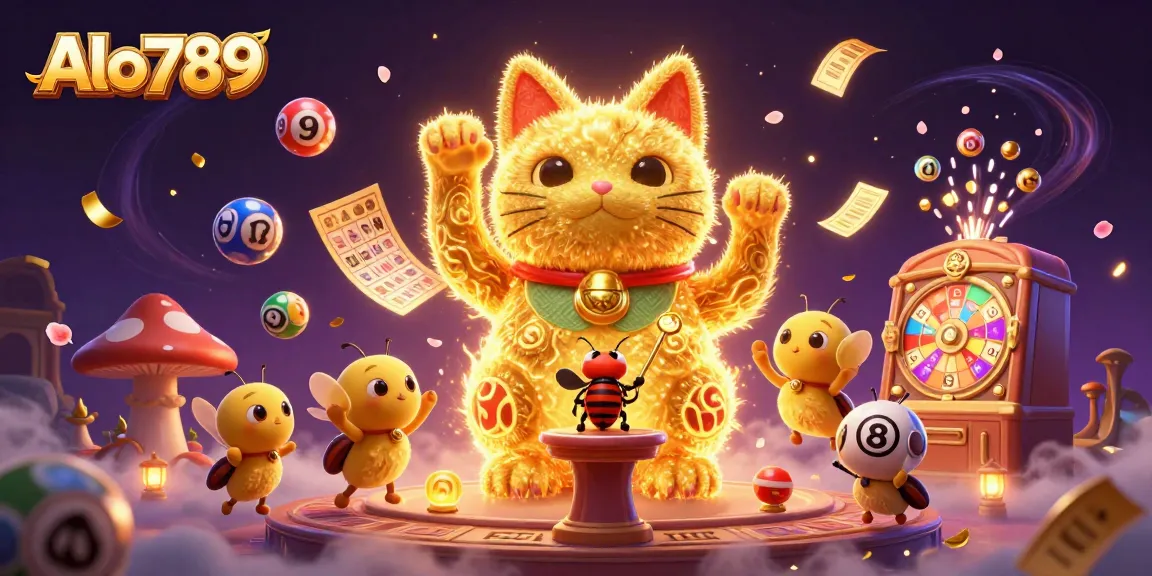 Alo789 delights players with a vibrant 3D lucky cat and dynamic casino symbols during exciting gaming experience.