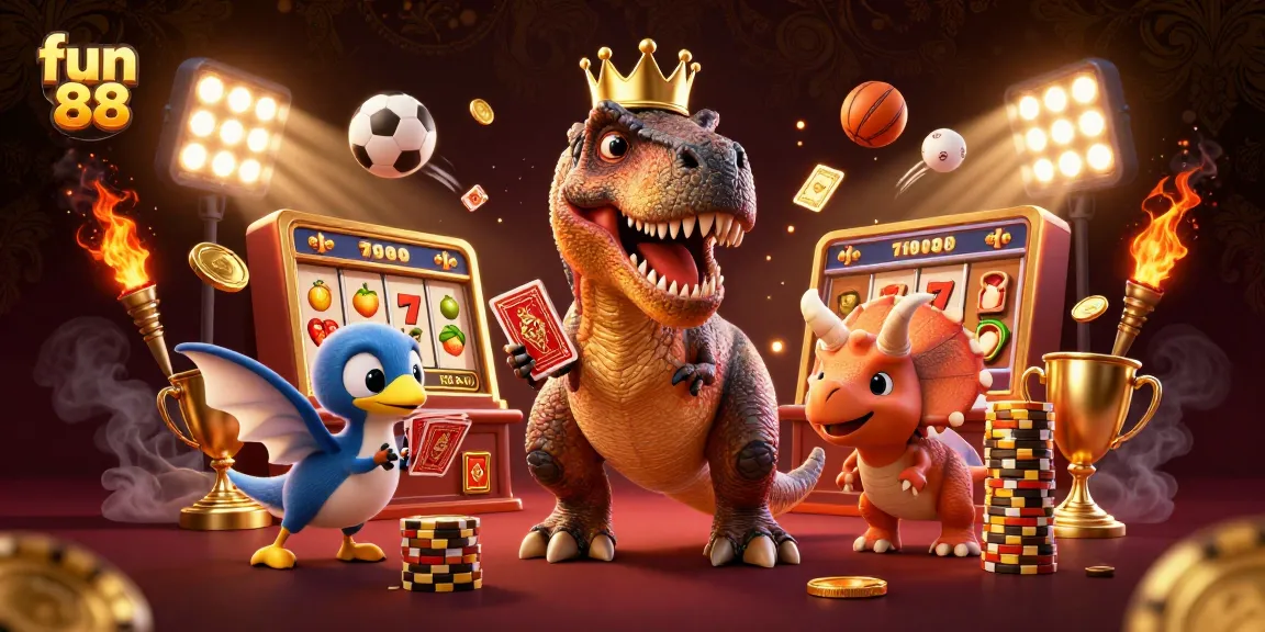 Experience fun 88 with a vibrant 3D casino scene featuring adorable characters playing cards and stacking chips.
