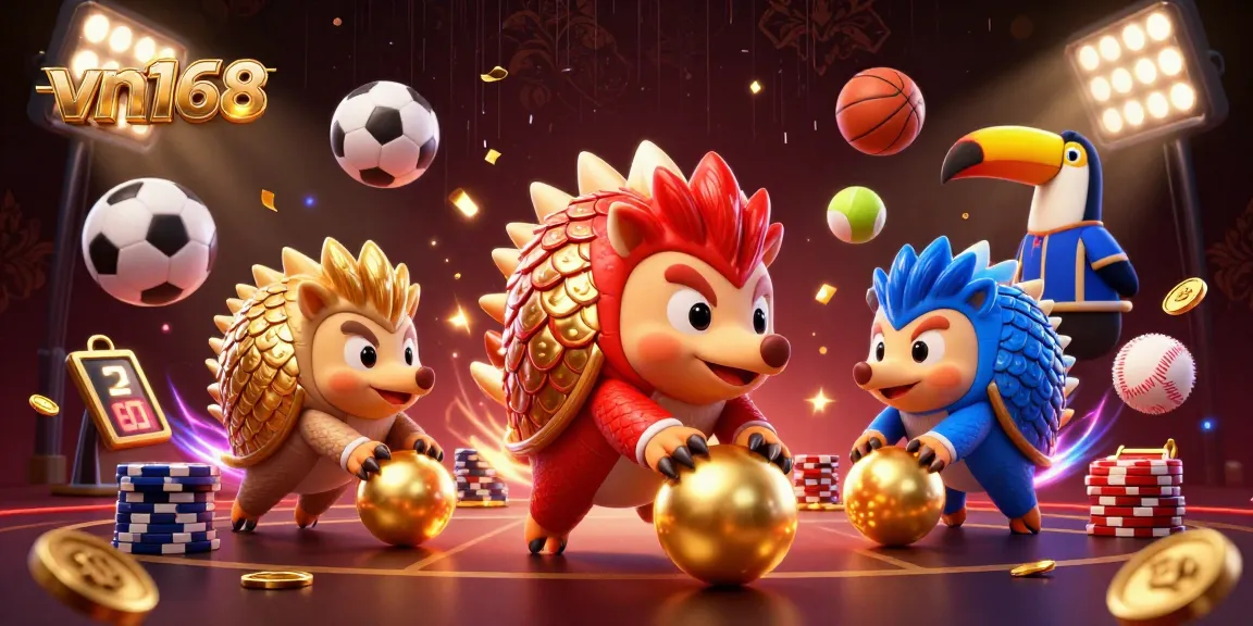 Experience animated rivalry in vn168 as cartoon pangolins roll through poker chips amidst vibrant casino elements.