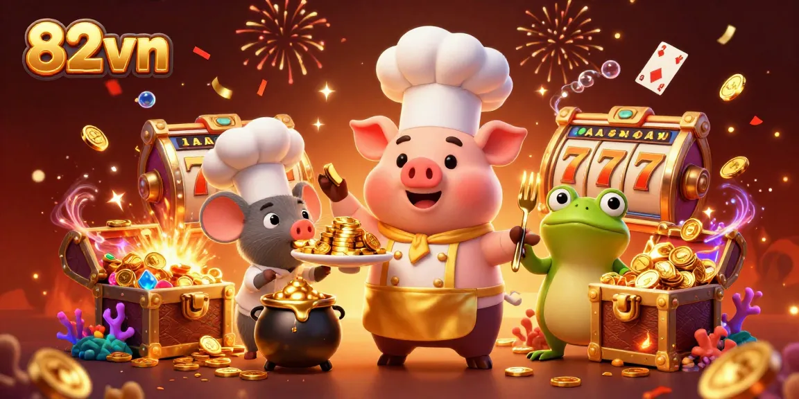 Engage with 82vn's thrilling casino scene featuring a pig chef serving gold coins, perfect for players.