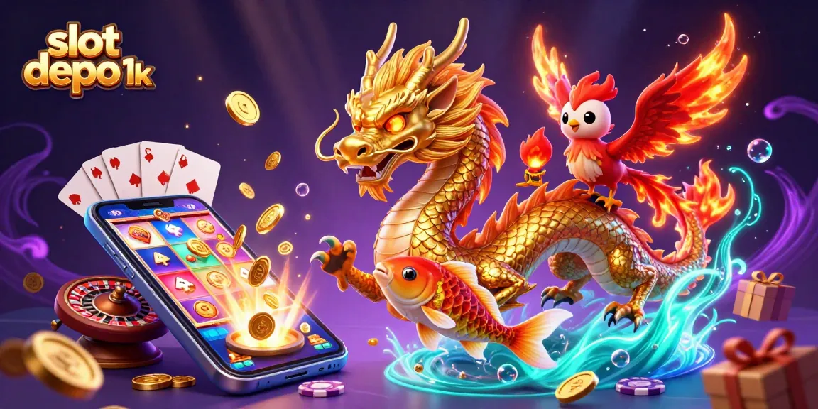 Engage with slot depo 1k, featuring a dragon, phoenix, and koi fish amidst dynamic casino elements.