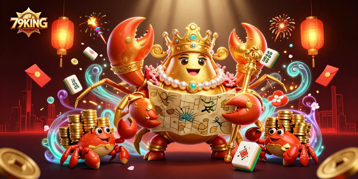 Engage in thrilling gameplay at 79KING with a dynamic scene featuring a majestic crab emperor and golden coin treasures.