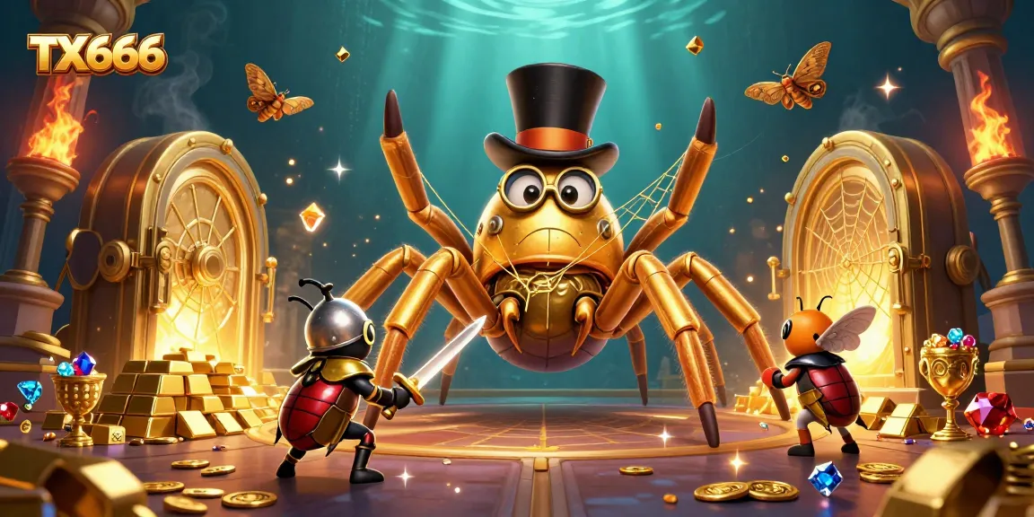 TX666 game features a golden tarantula weaving casino magic in a vibrant, detailed 3D scene.