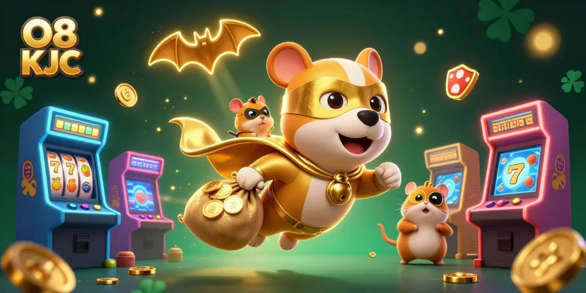 Engage with O8 KJC's exciting world through this vibrant 3D illustration featuring a superhero dog and hamster amid casino-themed elements.