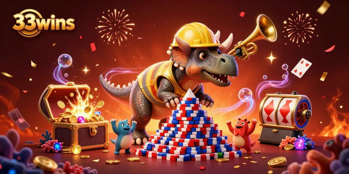 Engage in thrilling adventures with 33wins, celebrating wins amid piles of poker chips and festive elements.