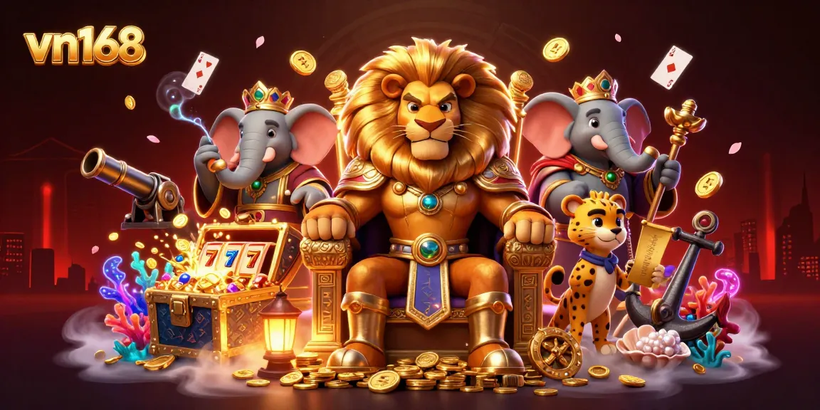 Play slots and win with vn168, featuring a lion king, elephant advisor, and cheetah at a golden throne.