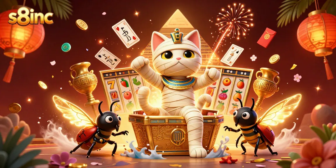 S8inc's vibrant gaming scene showcases a mummy cat in a casino with glowing elements, enhancing the betting experience.