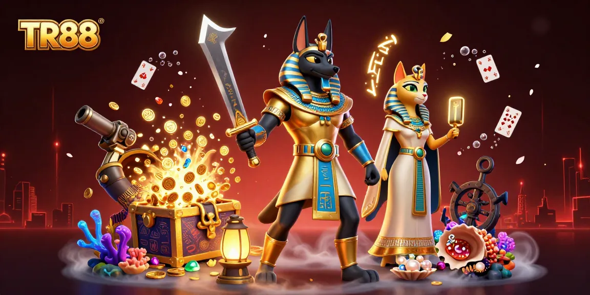 Engage with TR88's dynamic gaming world featuring ancient warriors and vibrant treasure elements.