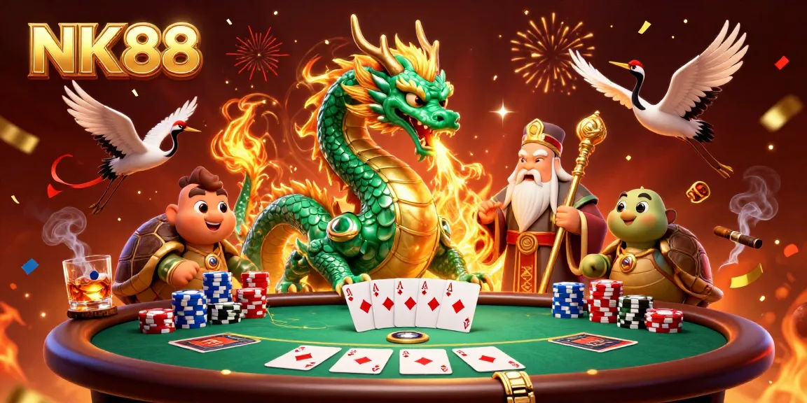 Experience thrilling poker action at NK88 with a jade dragon and lucky cranes in this vibrant illustration.