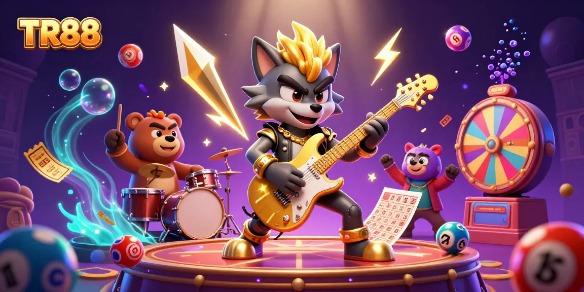 Engaging TR88 gaming experience with colorful lottery elements and rock star characters in a dynamic casino scene.