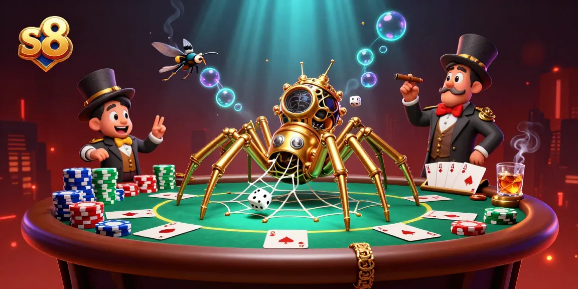 Engaging in thrilling gameplay at S8 casino, featuring a steampunk spider and poker elements.