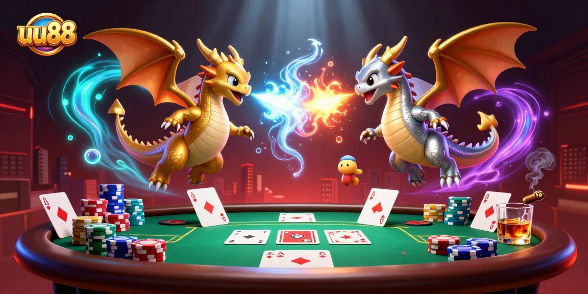 Experience thrilling poker action with uu88's vibrant dragon-themed illustration, showcasing iconic casino elements.