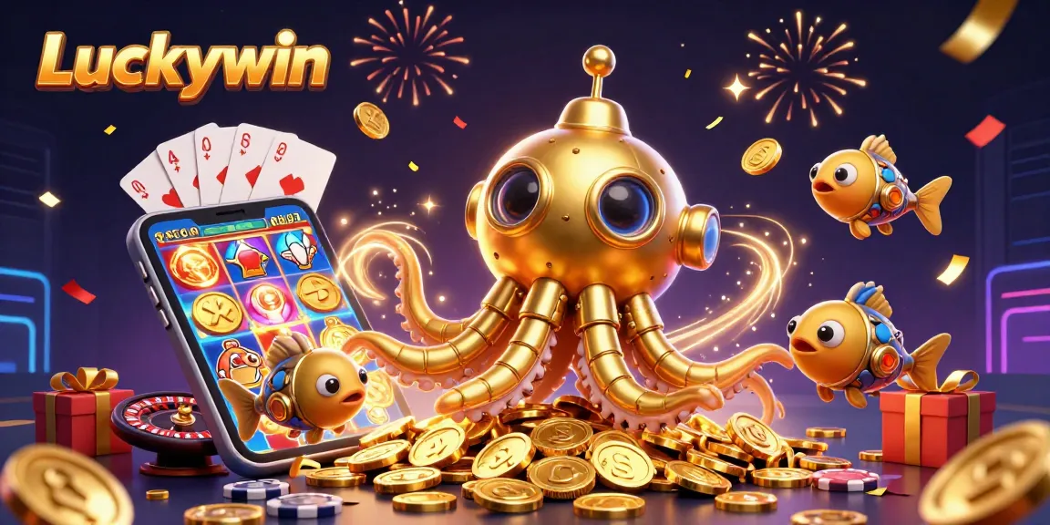 Experience the excitement of gaming with Luckywin's golden kraken submarine surfacing amidst casino treasures.
