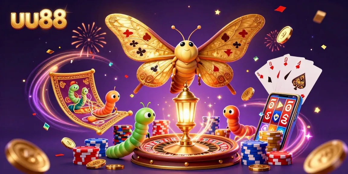 Experience winning at uu88 with a vibrant, dynamic casino scene featuring a majestic moth and shimmering gold elements.