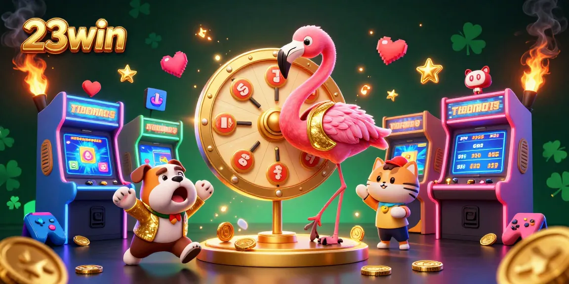 Experience 23win’s vibrant casino atmosphere as the flamingo host spins the prize wheel.