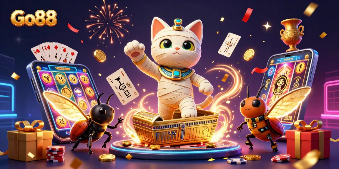 Engage in thrilling gameplay with Go88, featuring an Egyptian mummy cat in a vibrant casino setting.