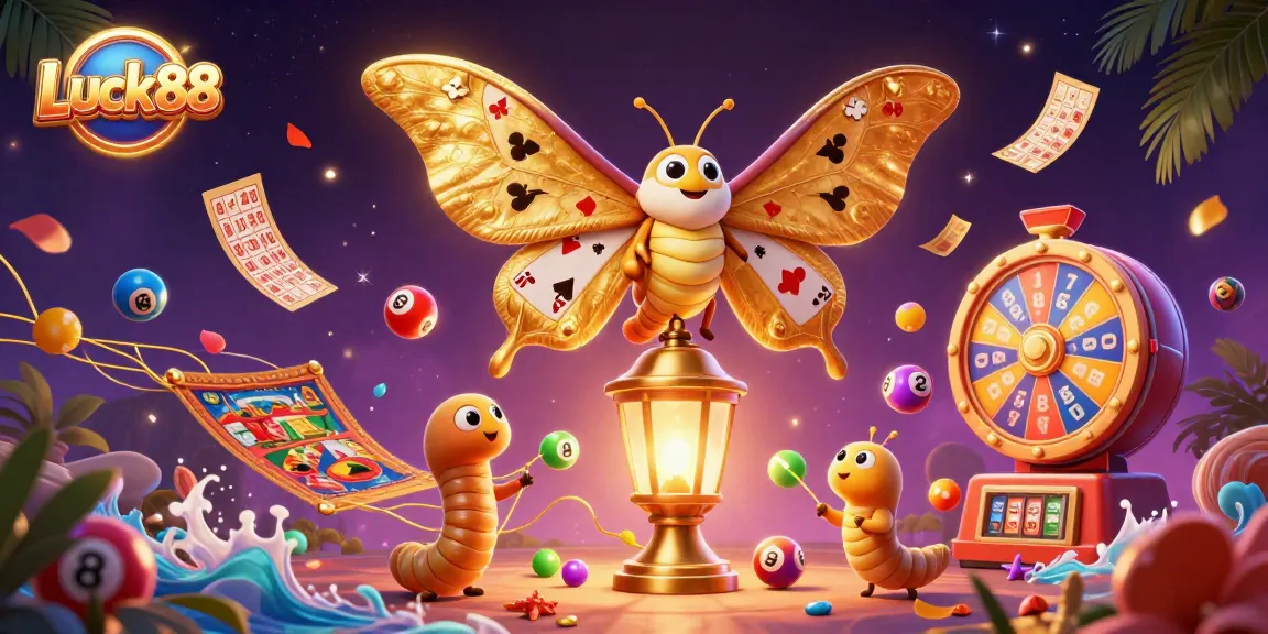Experience the excitement of Luck88 as vibrant lottery balls burst with color around a majestic moth in a casino scene.