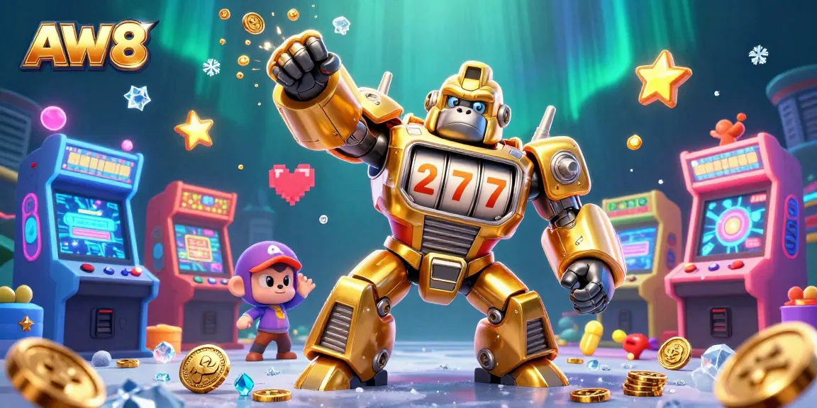 Engage in thrilling online gaming with AW8, featuring an epic golden gorilla mech and vibrant casino elements.