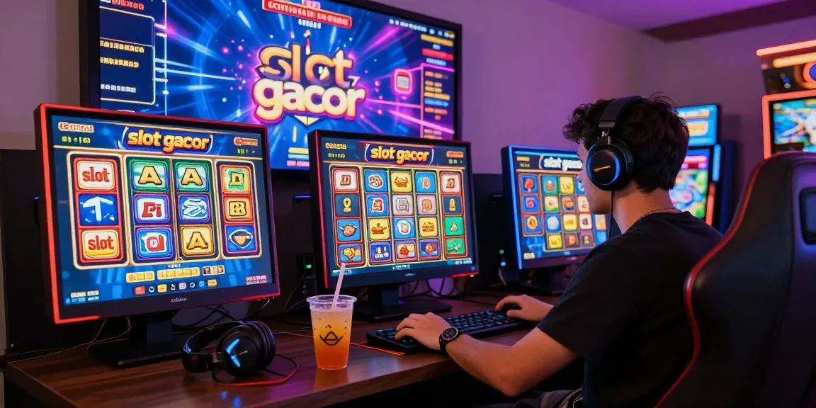 Engaged gamer enjoying slot gacor experience in a vibrant online casino setting.