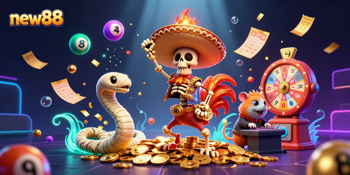 new88 delights players with a vibrant scene of animated casino characters celebrating winnings.