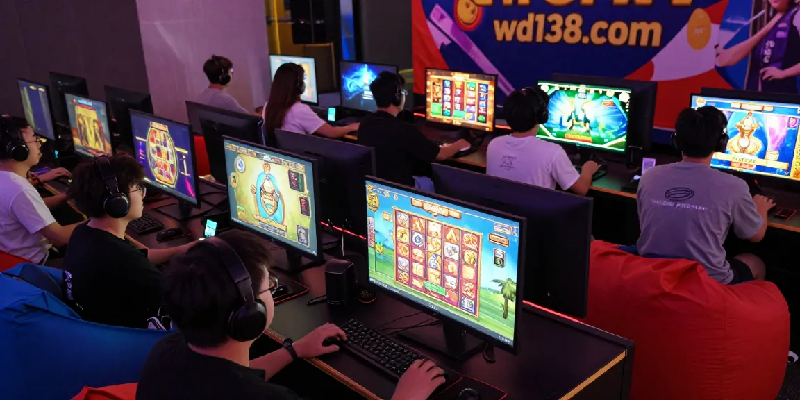 Engaged group of players enjoying various slot games at wd138.com, showcasing vibrant graphics and a community gaming atmosphere.