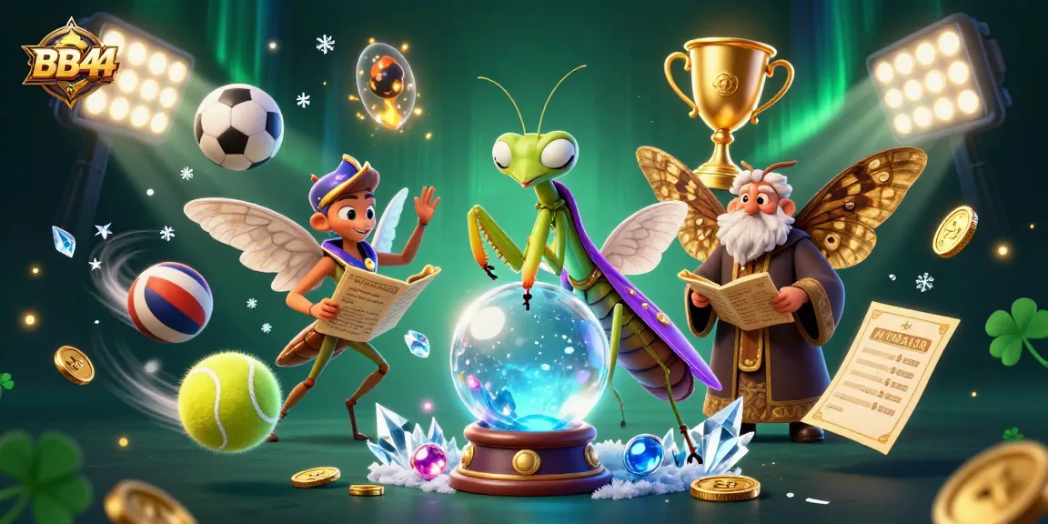 Experience the thrilling action of BB44 with a 3D cartoon scene featuring fortune teller, librarian, and sports elements.