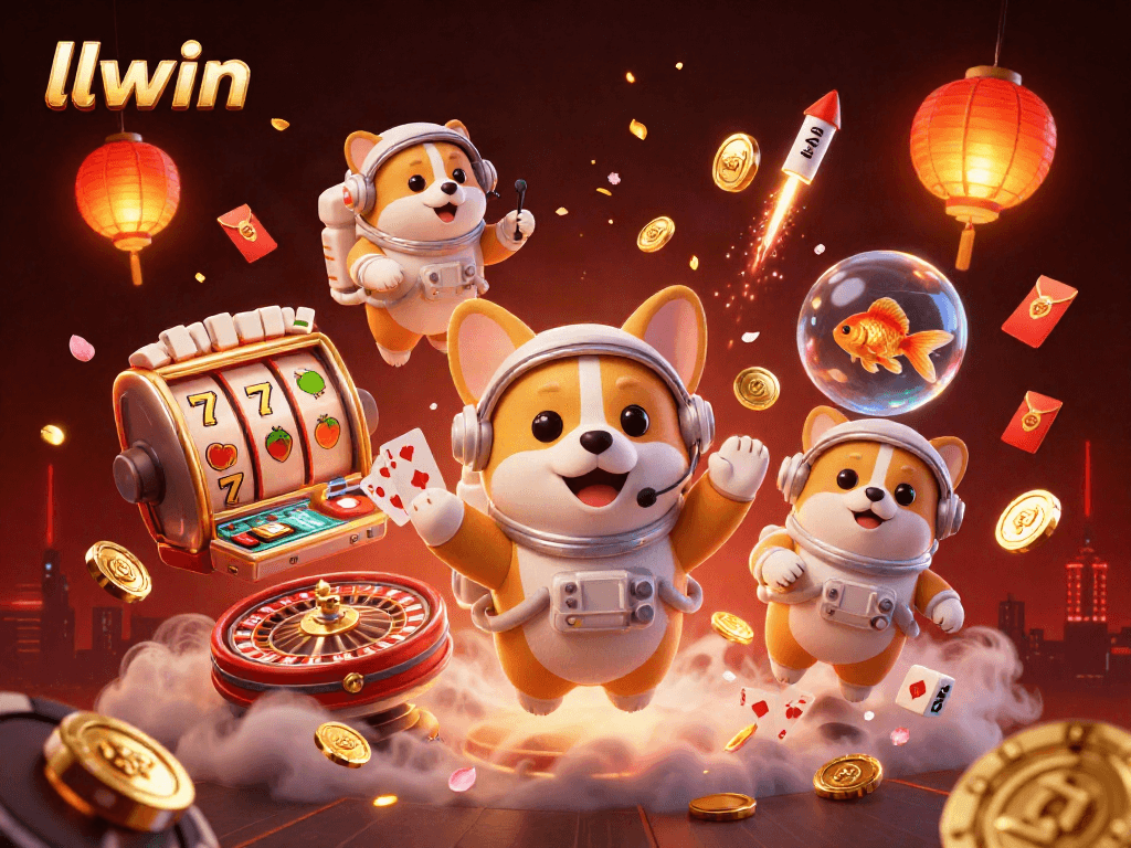 llwin showcases an adventurous 3D scene of a corgi and friends enjoying a thrilling online casino atmosphere