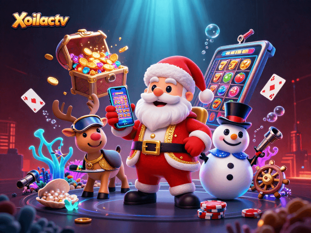 Xoilactv offers a joyful casino experience featuring Santa and friends celebrating jackpots.