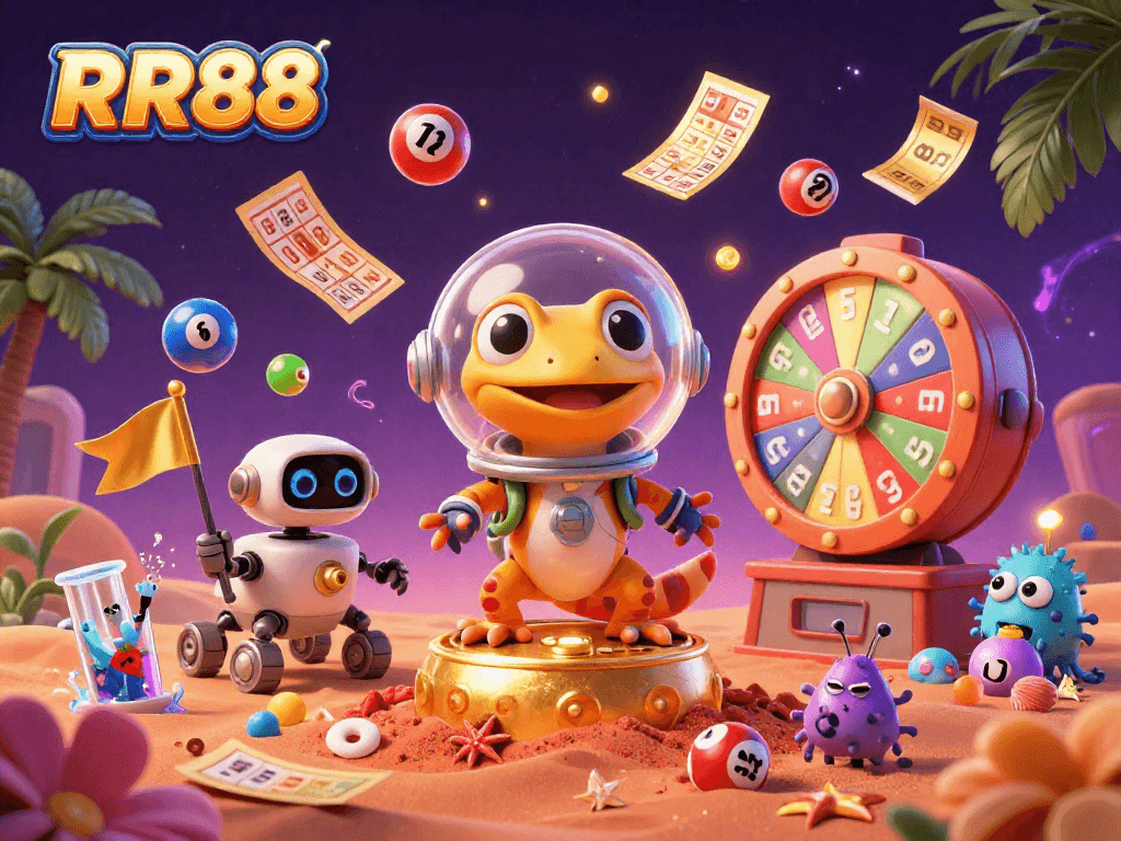 RR88 offers a vibrant gambling atmosphere with Martian geckos discovering a golden casino surrounded by excitement.