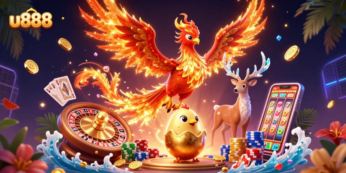 Experience thrilling gameplay at u888 with a dynamic 3D casino illustration featuring lucky symbols and gaming elements.
