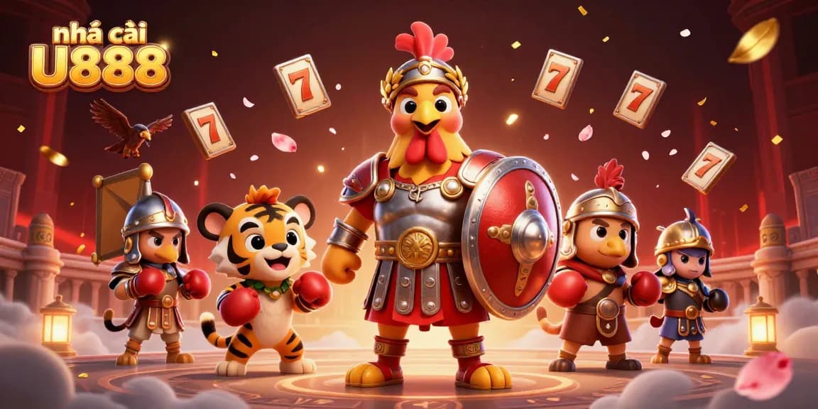 Engage with nhà cái U888 in a dynamic casino scene featuring a gladiator rooster, tiger cub, and festive elements.