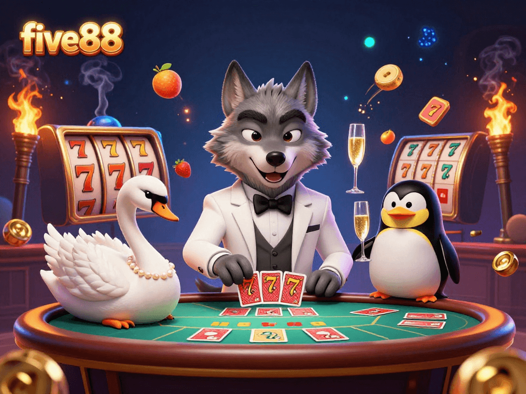 Experience excitement with five88 as the wolf plays baccarat, while a swan deals cards and a penguin serves champagne.