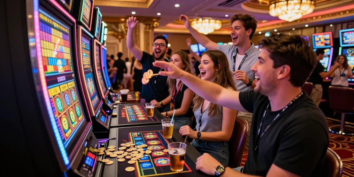 Friends celebrating a slot jackpot win at a colorful casino