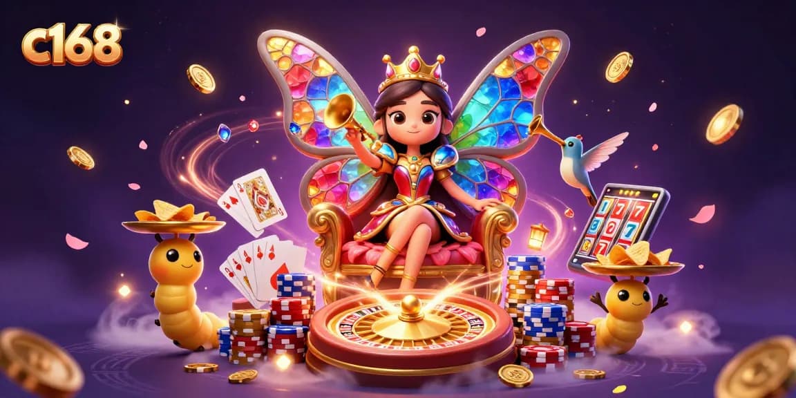 Experience thrilling gameplay at c168 with vibrant casino elements and sparkling chips in a magical 3D scene.